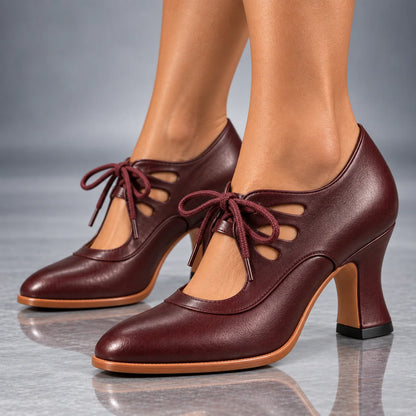 Heels Genuine Leather Lace-Up Vintage Cutout Design