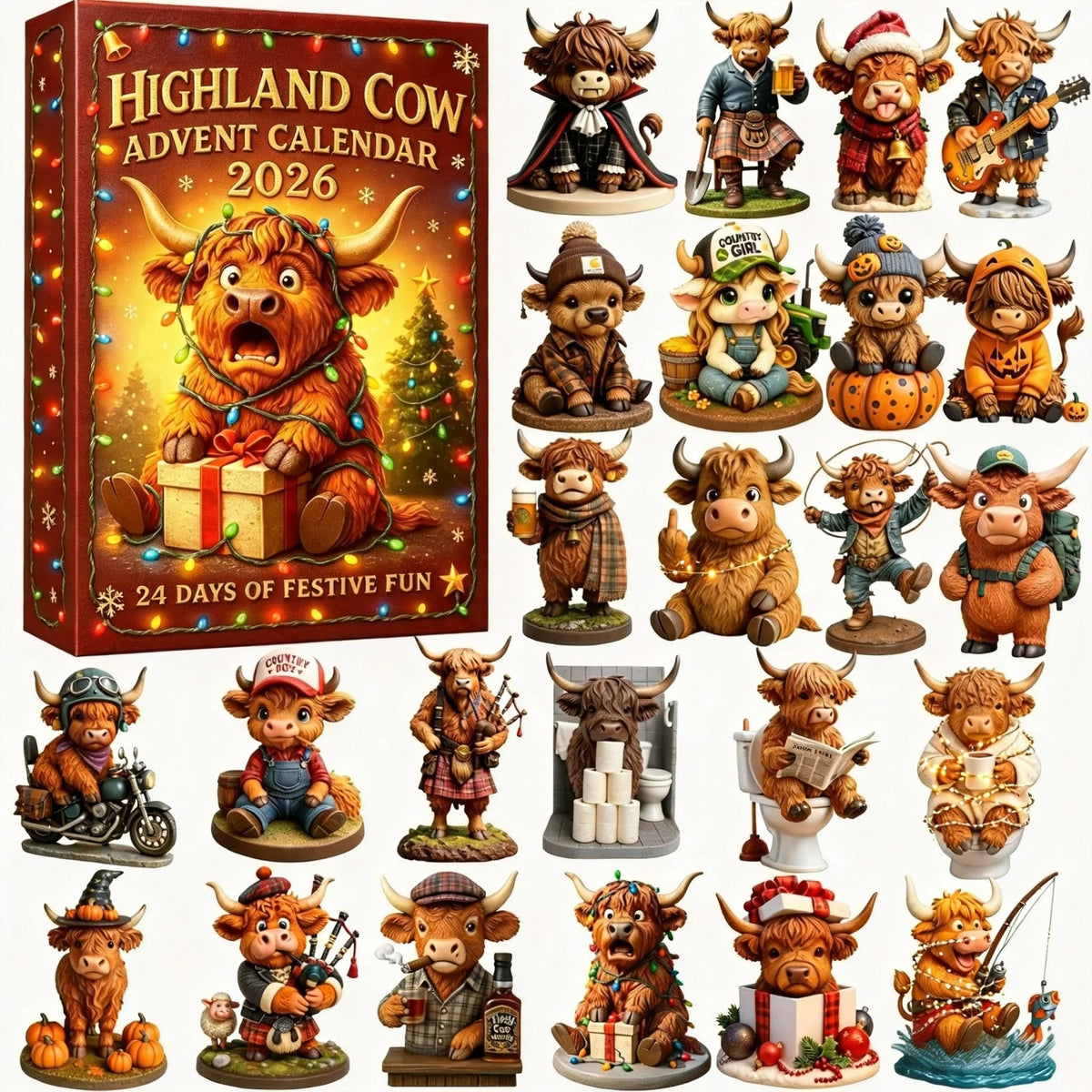 Highland Cow Advent Calendar 24 Resin Figurines Numbered Compartments