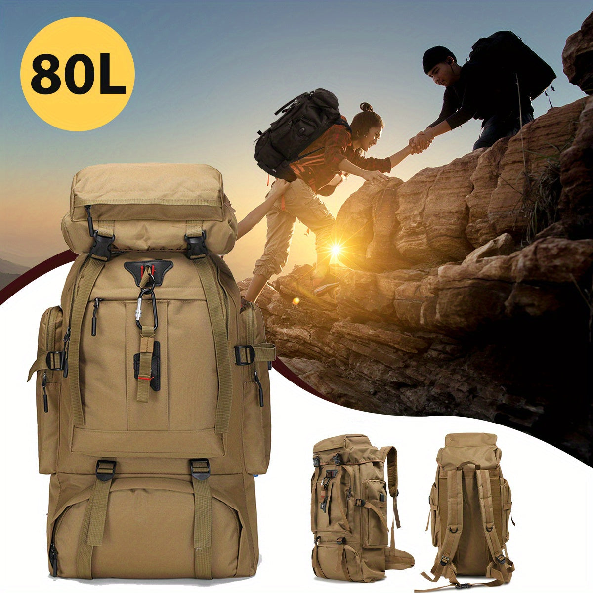 Hiking Backpack 80 Liter Water-Repellent Adjustable Padded Straps