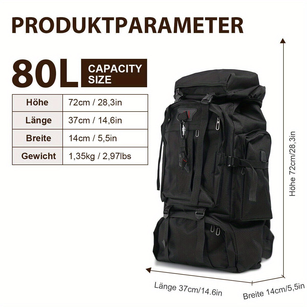 Hiking Backpack 80 Liter Water-Repellent Adjustable Padded Straps