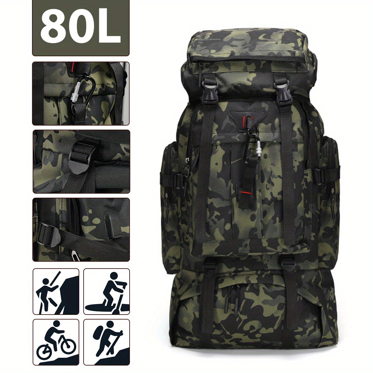 Hiking Backpack 80 Liter Water-Repellent Adjustable Padded Straps