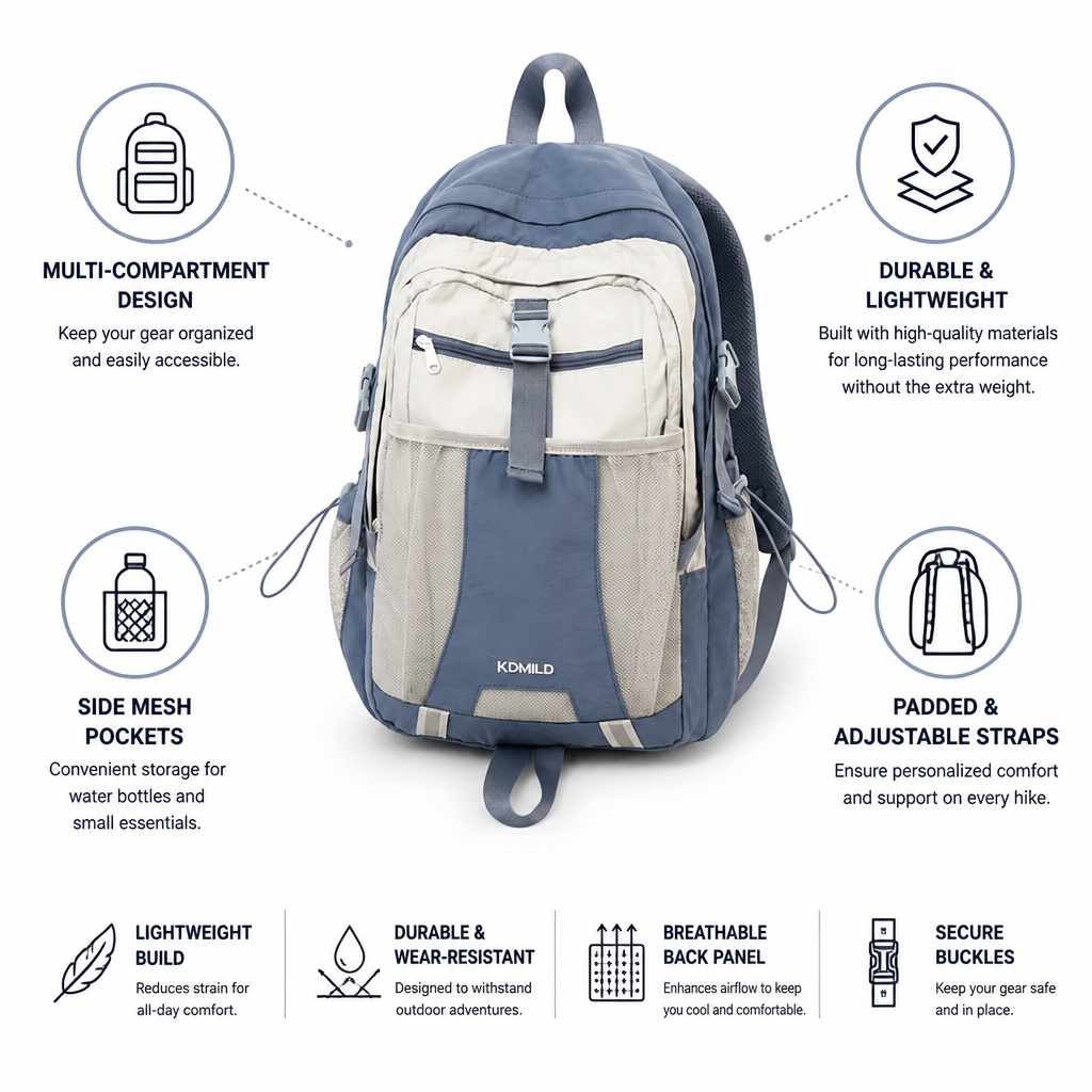 Hiking Backpack Multi-Compartment Lightweight Padded Straps & Mesh Pockets