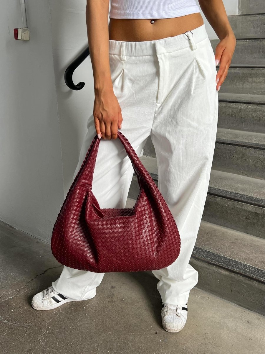 Hobo Bag Braided Leather Zipper Closure