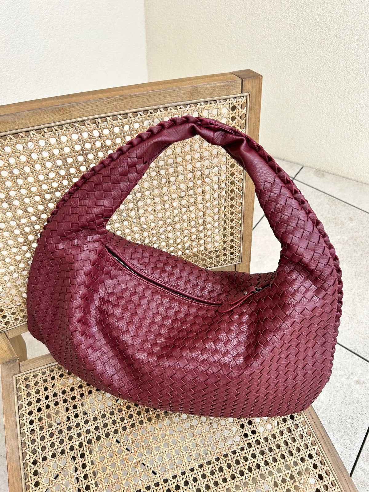 Hobo Bag Braided Leather Zipper Closure