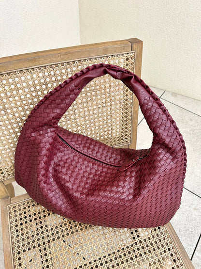 Hobo Bag Braided Leather Zipper Closure
