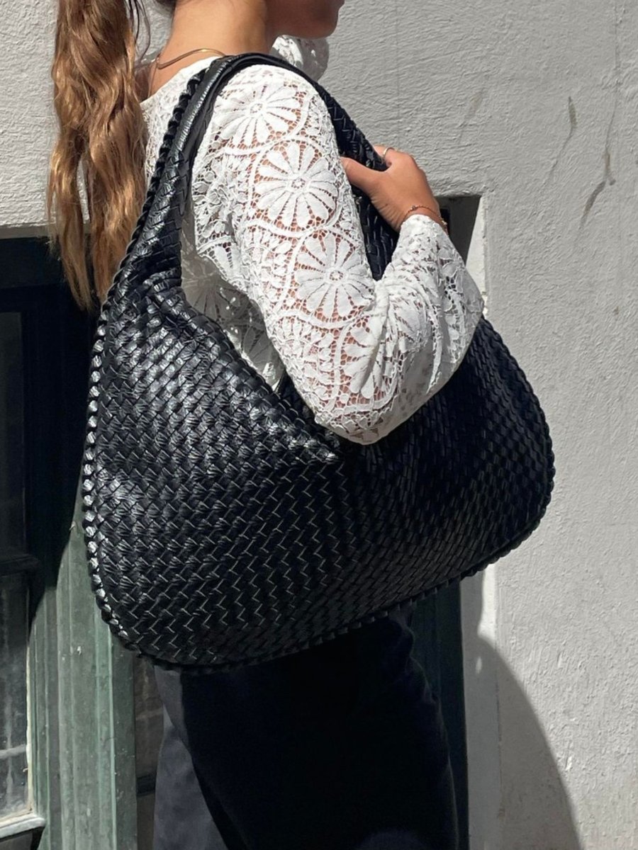 Hobo Bag Braided Leather Zipper Closure