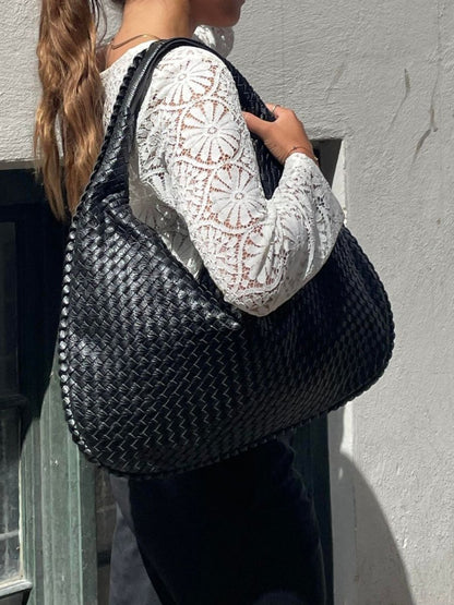 Hobo Bag Braided Leather Zipper Closure