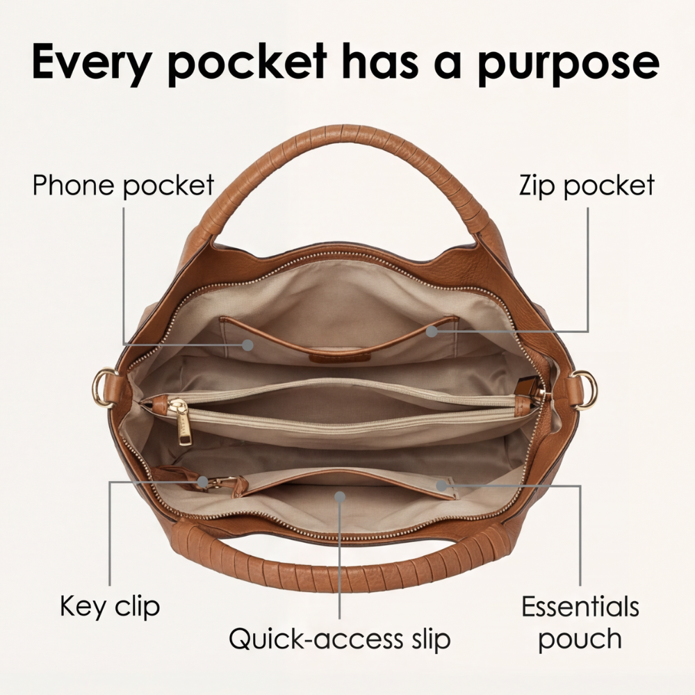 Hobo Bag Soft Faux Leather Detachable Strap Five Compartments