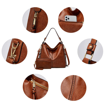 Hobo Handbag Leather Hidden Anti-Theft Pocket Matching Pouch Included