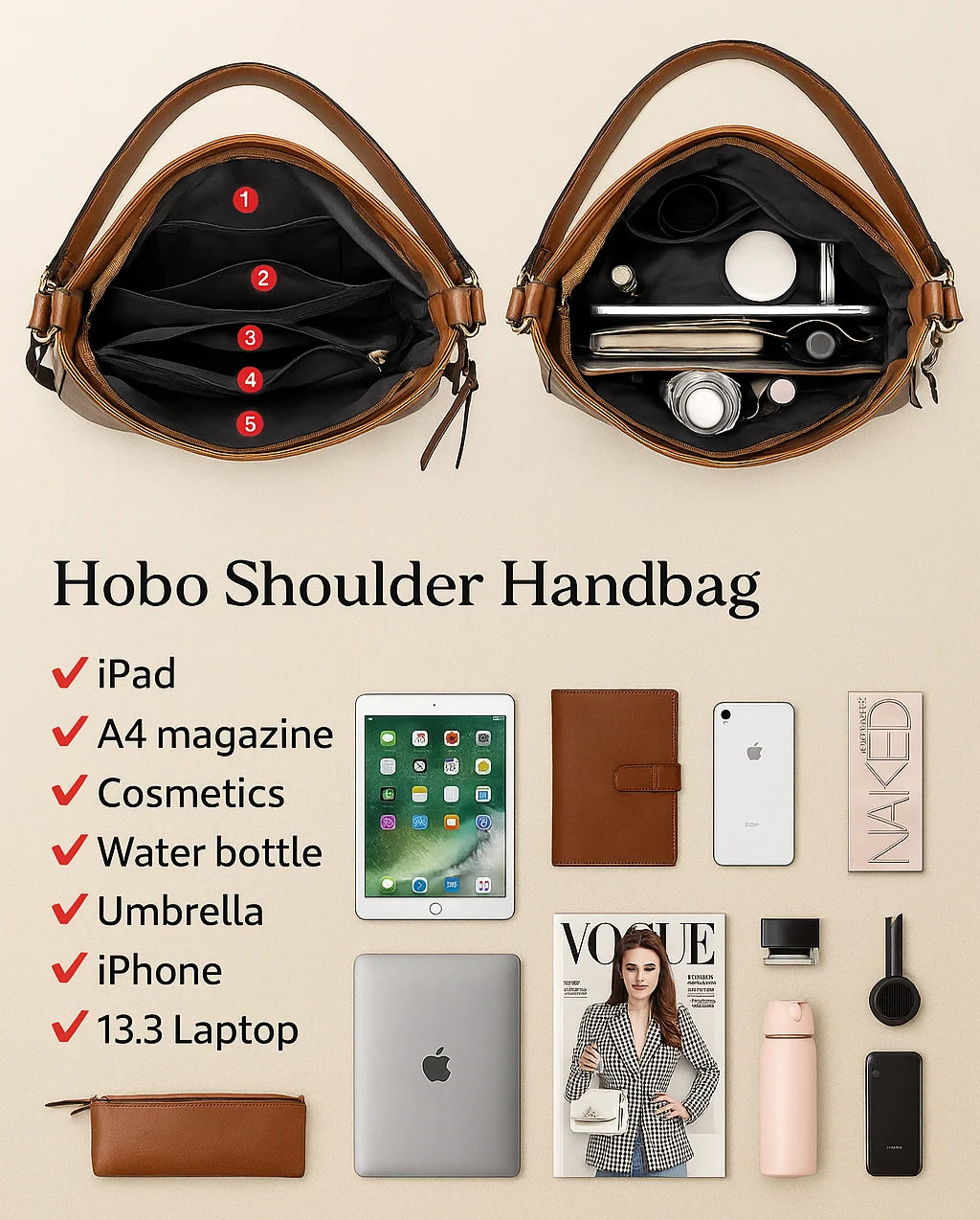Hobo Handbag Leather Hidden Anti-Theft Pocket Matching Pouch Included