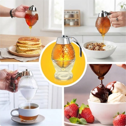 Honey Dispenser Drip-Free Spout One-Hand Use Honeycomb Design