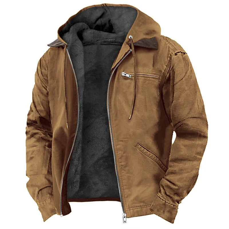 Hooded Jacket Leather-Look Teddy Fleece Lined Zip Chest Pocket