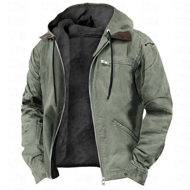 Hooded Jacket Leather-Look Teddy Fleece Lined Zip Chest Pocket