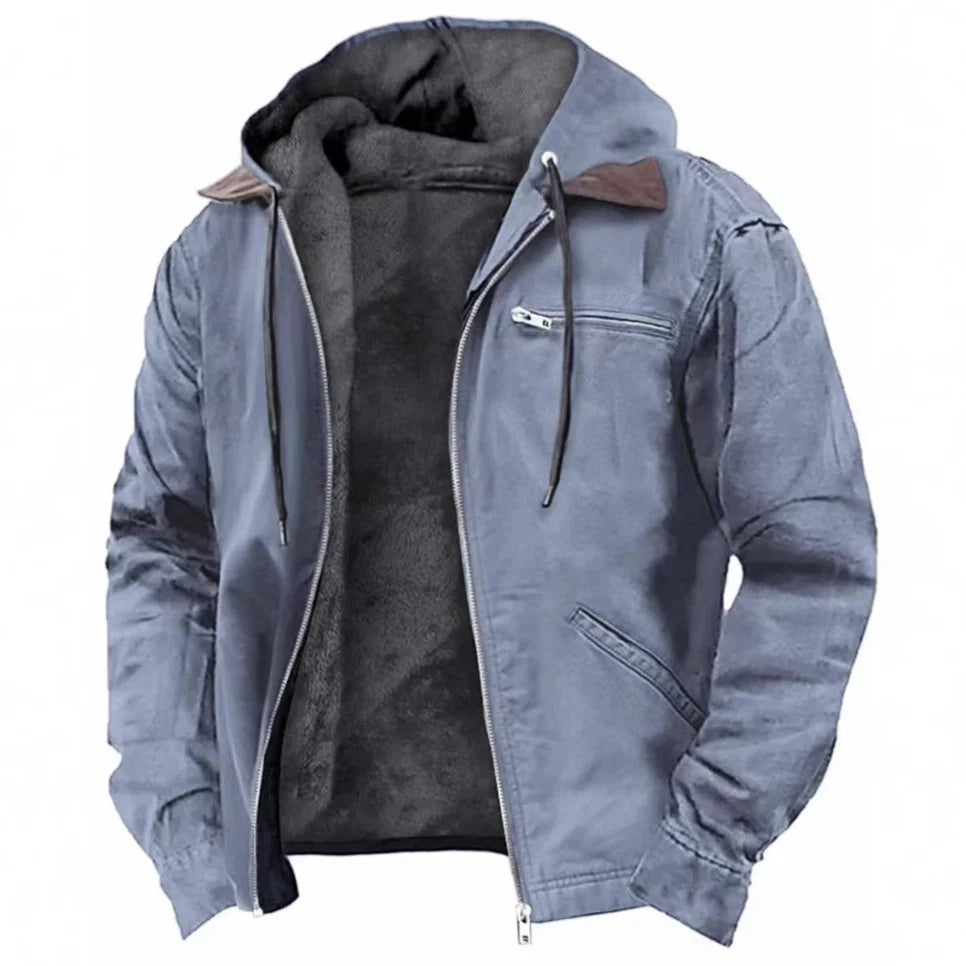 Hooded Jacket Leather-Look Teddy Fleece Lined Zip Chest Pocket