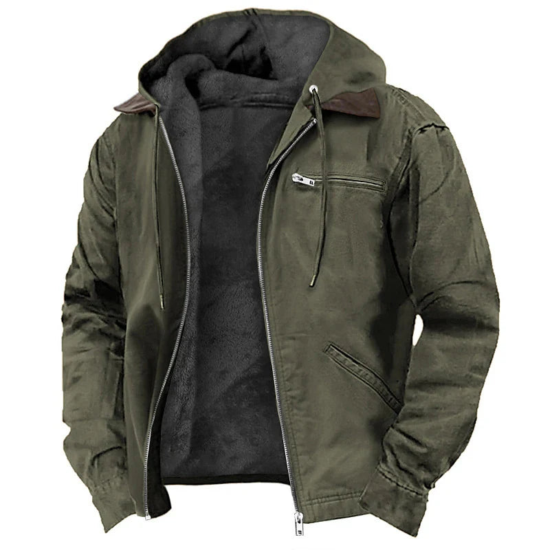 Hooded Jacket Leather-Look Teddy Fleece Lined Zip Chest Pocket