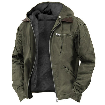 Hooded Jacket Leather-Look Teddy Fleece Lined Zip Chest Pocket
