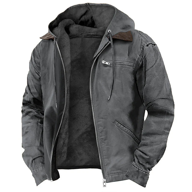 Hooded Jacket Leather-Look Teddy Fleece Lined Zip Chest Pocket
