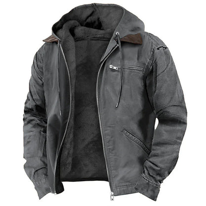 Hooded Jacket Leather-Look Teddy Fleece Lined Zip Chest Pocket