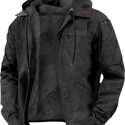 Hooded Jacket Leather-Look Teddy Fleece Lined Zip Chest Pocket