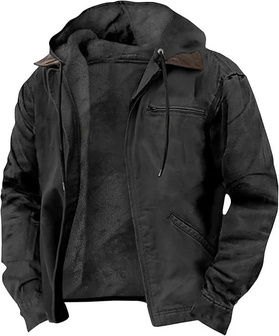 Hooded Jacket Leather-Look Teddy Fleece Lined Zip Chest Pocket