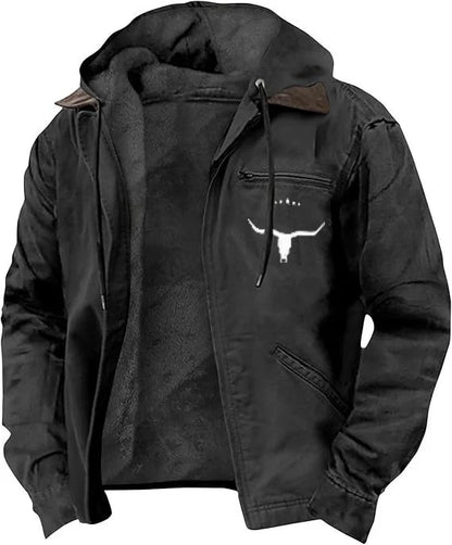 Hooded Jacket Leather-Look Teddy Fleece Lined Zip Chest Pocket