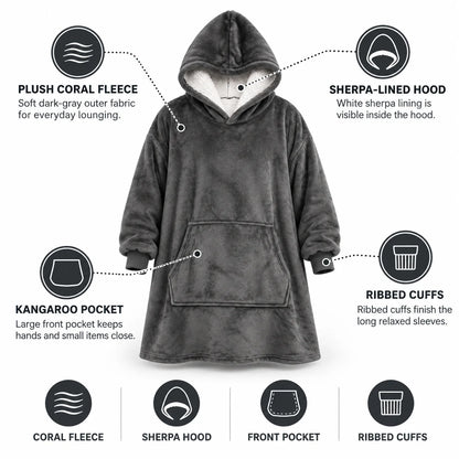 Hoodie Blanket Oversized Sherpa Fleece Front Pocket