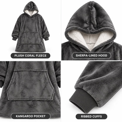 Hoodie Blanket Oversized Sherpa Fleece Front Pocket