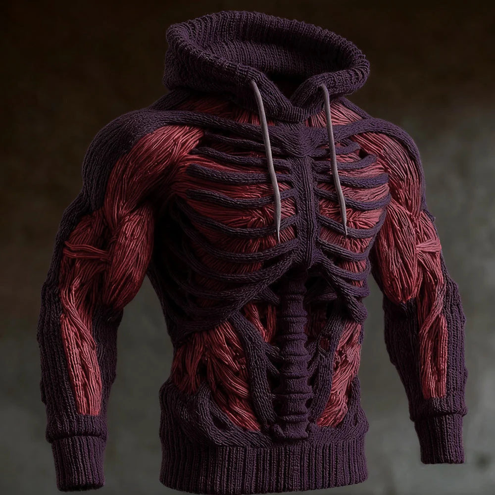 Hoodie Raised 3D Skeleton Knit Design Long Sleeve