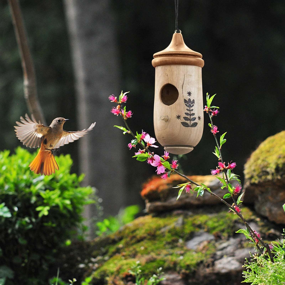 Hummingbird Feeder Handcrafted Wood Weather-Resistant 2-Inch Entry Hole