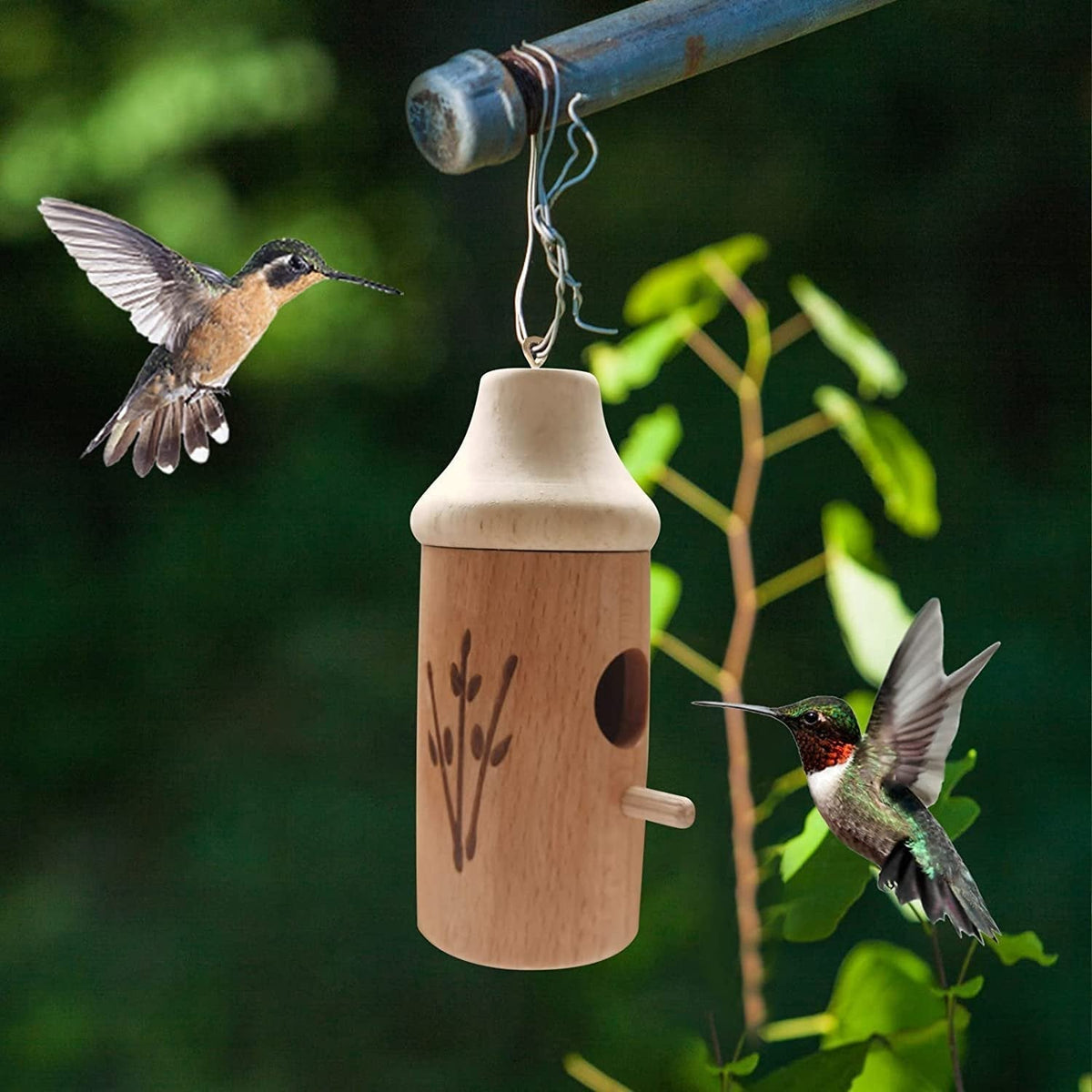 Hummingbird Feeder Handcrafted Wood Weather-Resistant Finish 2 Inch Entrance