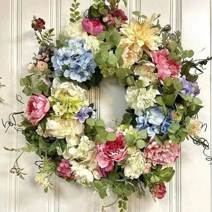 Hydrangea Wreath Rainbow Blooms Weather-Resistant 13.8 Inch