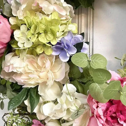 Hydrangea Wreath Rainbow Blooms Weather-Resistant 13.8 Inch