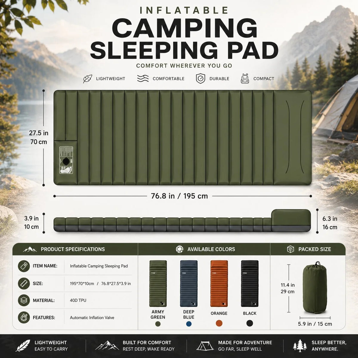 Inflatable Camping Sleeping Mat Built-In Foot Pump