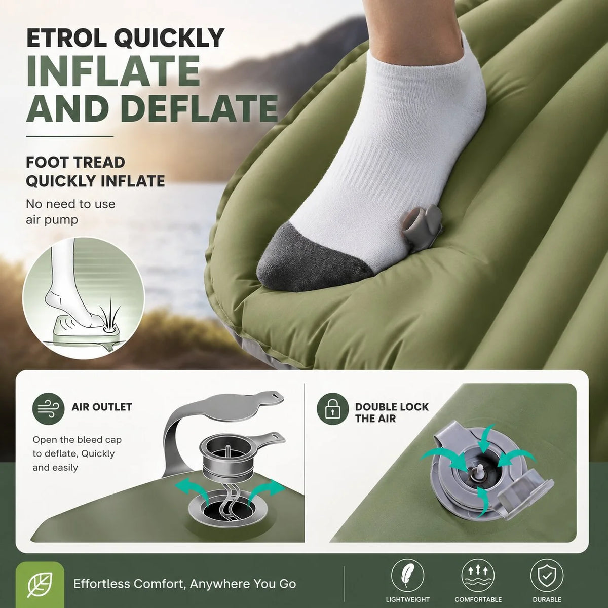 Inflatable Camping Sleeping Mat Built-In Foot Pump