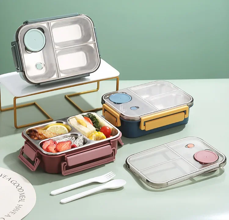 Insulated Lunchbox 3 Compartments Stainless Steel Inserts Leak-Proof Lid