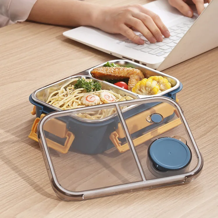 Insulated Lunchbox 3 Compartments Stainless Steel Inserts Leak-Proof Lid