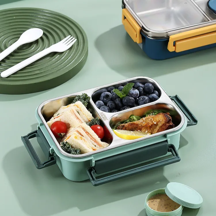 Insulated Lunchbox 3 Compartments Stainless Steel Inserts Leak-Proof Lid