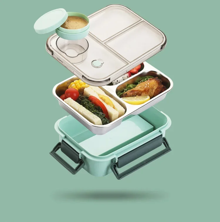 Insulated Lunchbox 3 Compartments Stainless Steel Inserts Leak-Proof Lid