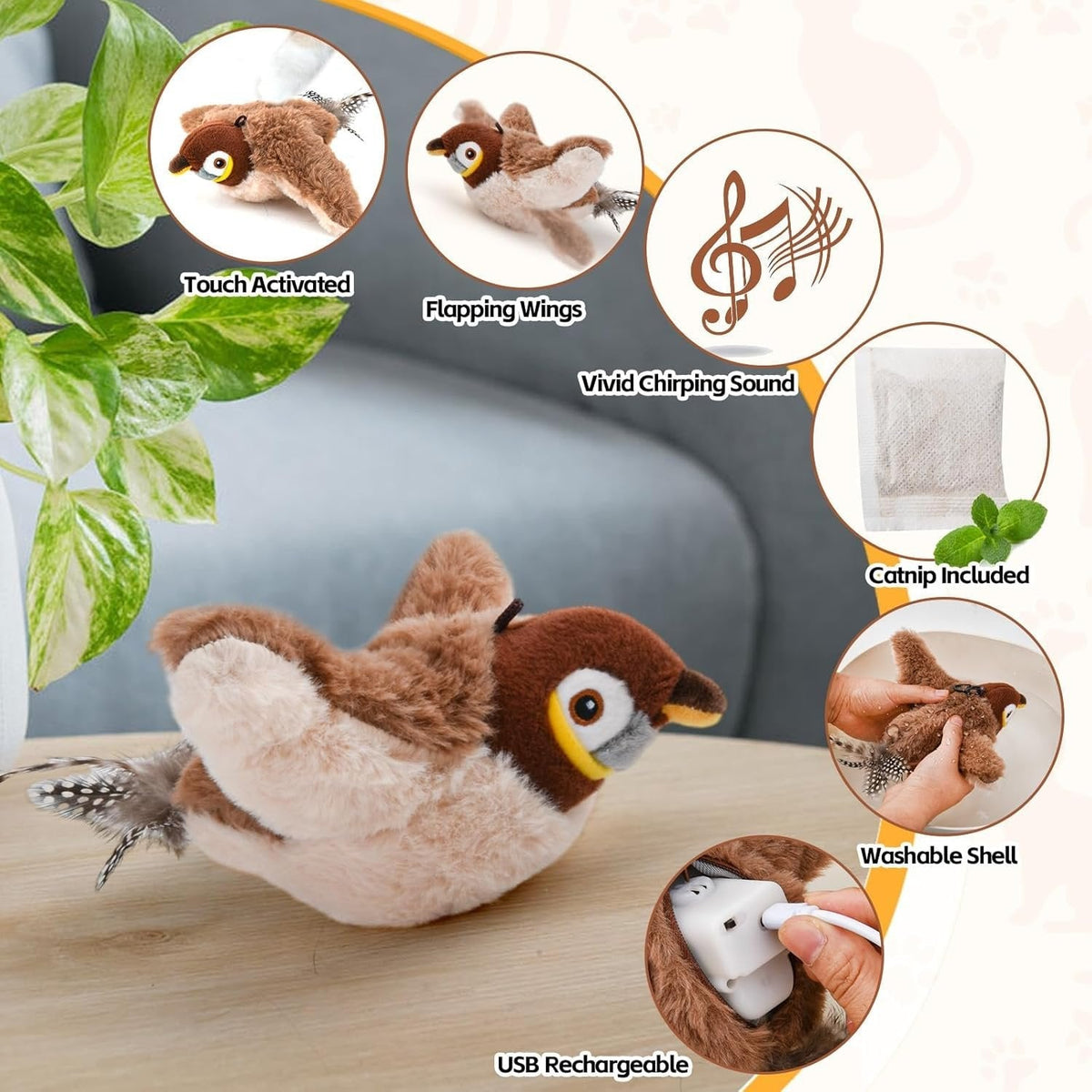 Interactive Cat Toy Motion-Activated Chirping USB Rechargeable Washable Plush