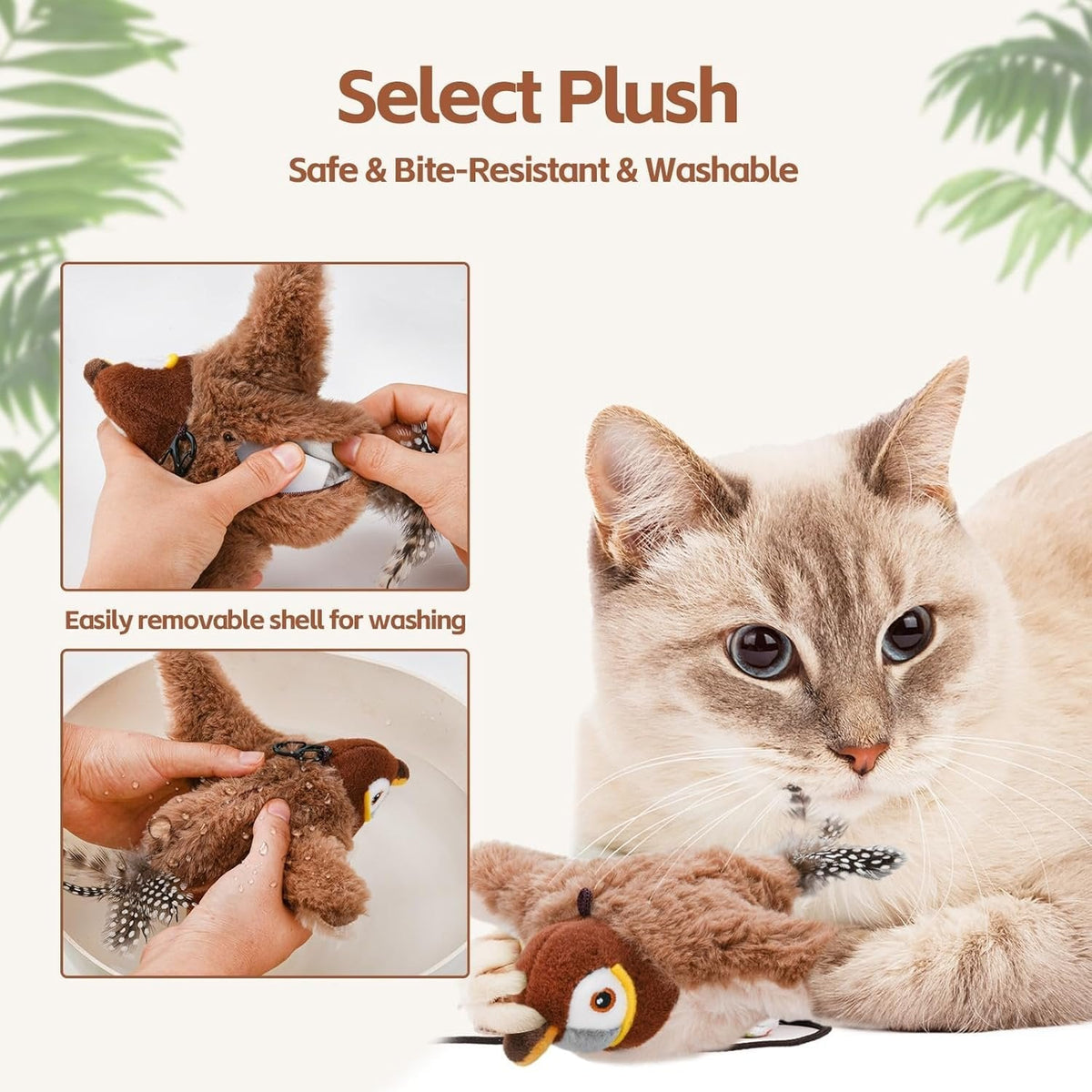 Interactive Cat Toy Motion-Activated Chirping USB Rechargeable Washable Plush