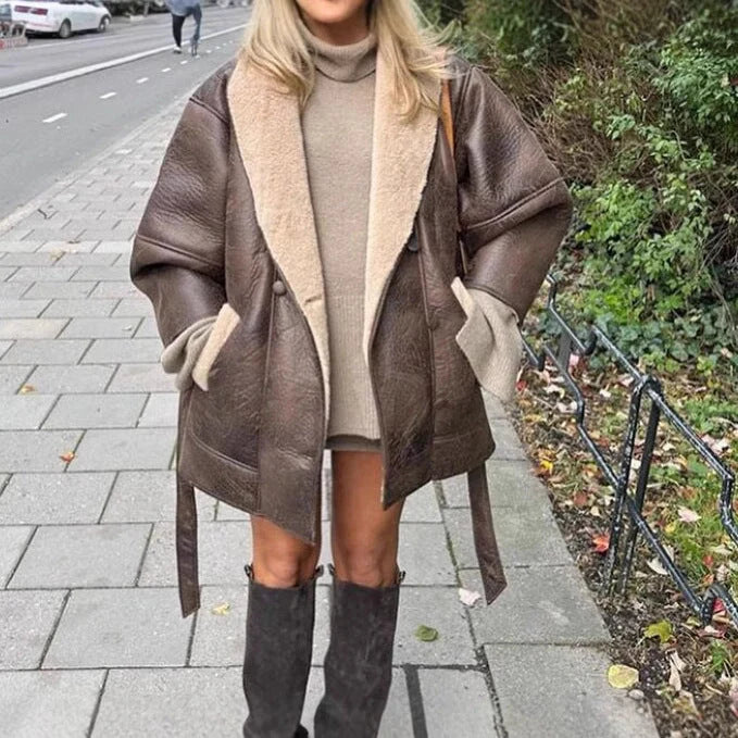 Jacket Oversized Double-Button Soft Warm Lining Side Pockets