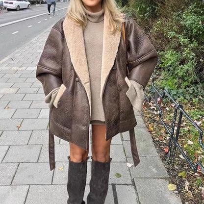 Jacket Oversized Double-Button Soft Warm Lining Side Pockets