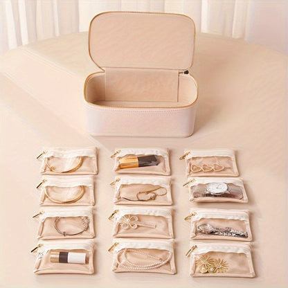 Jewelry Travel Box 12 Removable Velvet Pouches Faux Leather