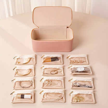 Jewelry Travel Box 12 Removable Velvet Pouches Faux Leather