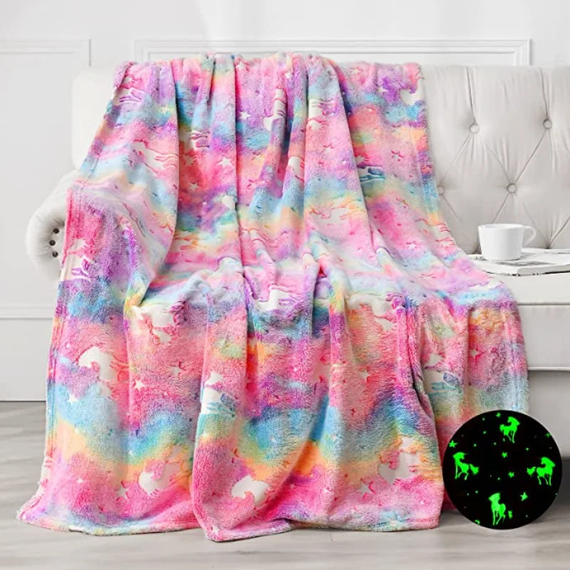 Kids Throw Blanket Flannel Glow-in-the-Dark Unicorn & Star
