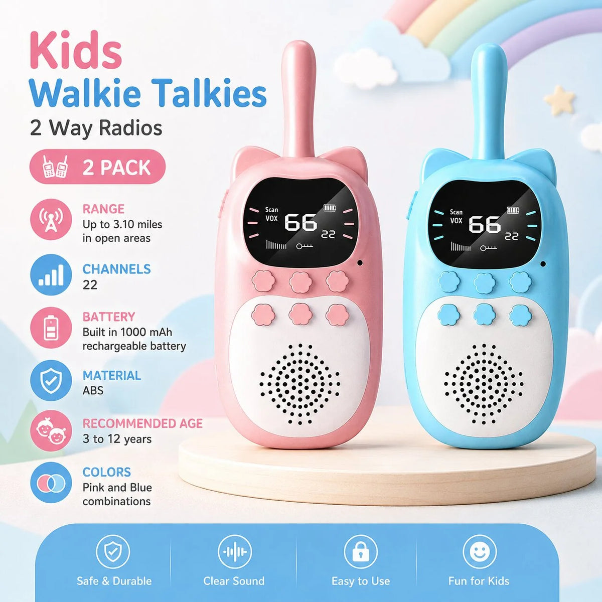 Kids Walkie Talkies Rechargeable Long-Range Set of 2