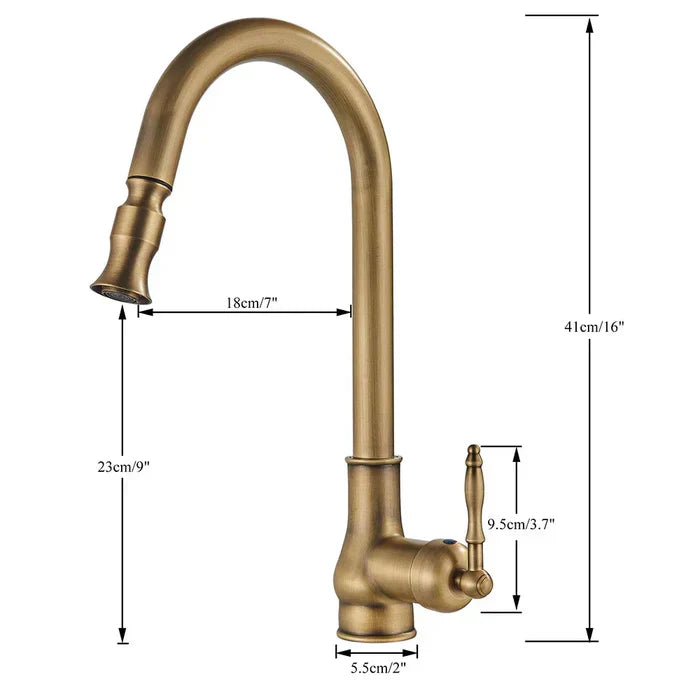 Kitchen Faucet High Gooseneck Pull-Out Swivel Antique Brass