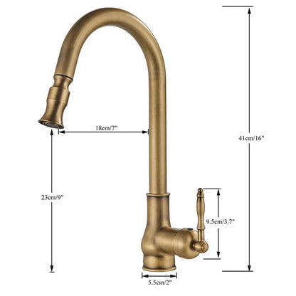 Kitchen Faucet High Gooseneck Pull-Out Swivel Antique Brass