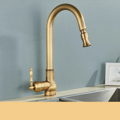 Kitchen Faucet High Gooseneck Pull-Out Swivel Antique Brass