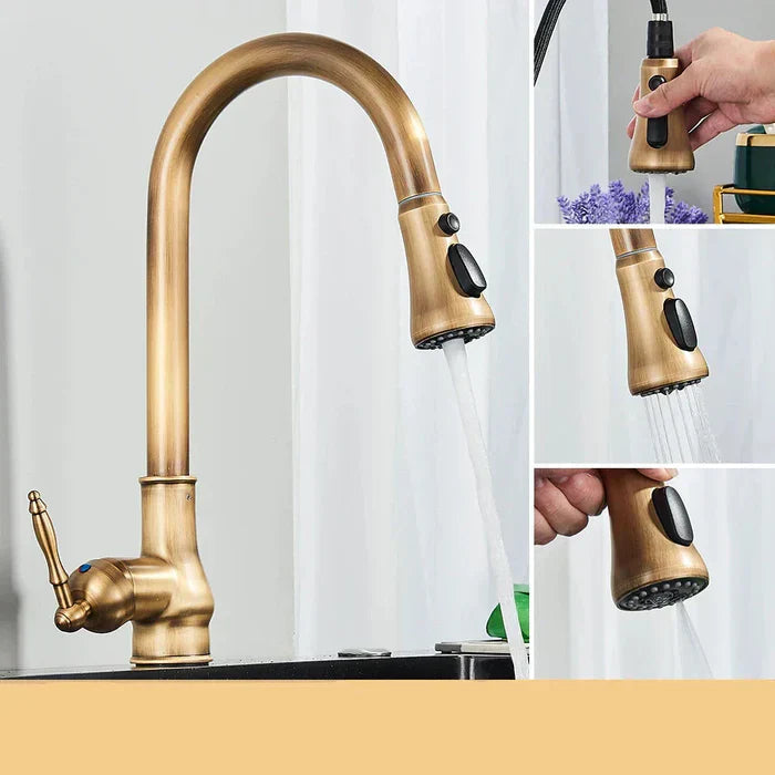Kitchen Faucet High Gooseneck Pull-Out Swivel Antique Brass